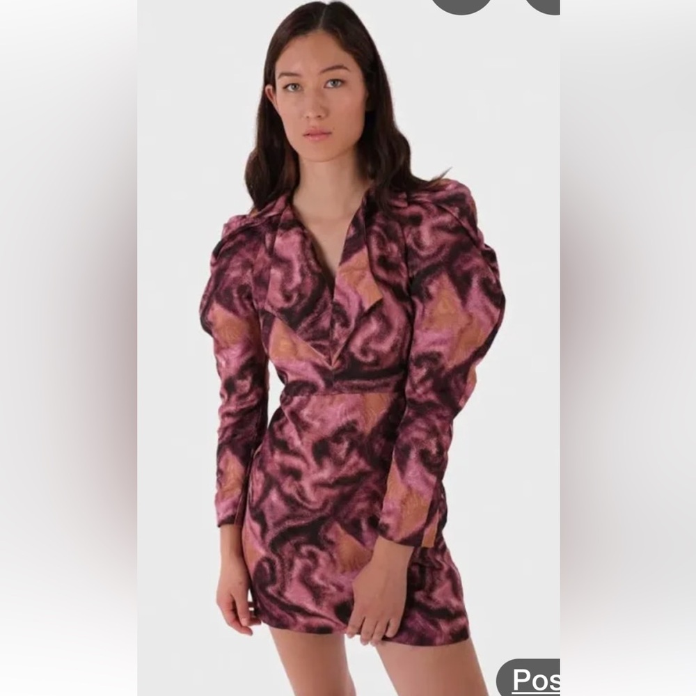 Laagam Robbie Dress Elegant Pink Purple Black Swirl Puff Sleeve Dress NWT SZ MED